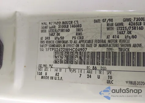 1998 Ford E-250 Commercial/Recreational z USA, uszkodzony, nr VIN 1FTPS2422WHC04907